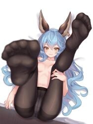 black_legwear black_pantyhose blue_hair feet ferry_(granblue_fantasy) granblue_fantasy long_hair naked_female naked_top