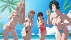 4girls alternate_version_available antoniomalara areolae beach big_breasts bikini bikini_bottom bikini_top bikini_top_lift black_sling_bikini blonde_hair blue_bikini blush bottomwear breast_focus breasts breasts_out brown_eyes brown_hair chainsaw_man dark_green_hair demon demon_girl demon_horns drink exposed_breasts eyepatch eyewear female female_only green_eyes hair hair_ornament hairclip higashiyama_kobeni himeno_(chainsaw_man) hips holding_drink holding_object horns huge_breasts long_hair looking_at_viewer makima_(chainsaw_man) micro_bikini nipples one_breast_out one_eye_obstructed orange_bikini palm_tree power_(chainsaw_man) presenting presenting_breasts red_hair red_swimsuit short_hair skimpy skimpy_bikini small_breasts smile sweat sweatdrop swimsuit swimwear thighs tied_hair topwear yellow_eyes