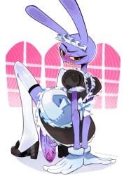 2025 all_fours anthro apron balls big_penis black_clothing black_dress black_eyes black_footwear black_shoes clothed clothing crab_walk crossdressing disabledfetus dress footwear foreskin fur genitals glans glitch_productions half-closed_eyes hands_behind_back hi_res humanoid_genitalia humanoid_penis jax_(tadc) lagomorph legwear leporid looking_back maid_headdress maid_uniform male mammal narrowed_eyes penis purple_balls purple_body purple_fur purple_glans purple_penis rabbit solo spread_legs spreading stockings teeth the_amazing_digital_circus uniform white_apron white_clothing white_legwear white_stockings window yellow_sclera yellow_teeth