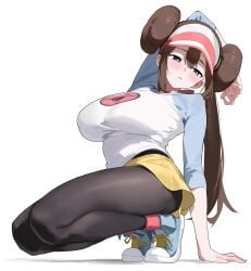 absurdres big_breasts blue_eyes blue_shoes blush breasts brown_hair commentary_request double_bun female female_only hair_between_eyes hair_bun hat highres large_breasts long_hair looking_down nintendo pantyhose parted_lips pokemon pokemon_bw2 rosa_(pokemon) shirt shoes skirt sneakers solo squatting twintails visor_cap white_hat white_shirt yellow_skirt yue3621