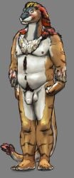 2022 anthro balls belly black_body black_feathers claws colored fangs feathers feet felid flaccid fur genitals grey_background hi_res hybrid jeri_kleinlowe lizard long_tail male mammal navel nipples nude nude_male orange_body orange_fur pantherine penis red_body red_feathers reptile sabertooth_(anatomy) scalie simple_background smile solo standing striped_body striped_fur stripes tail tail_tuft teeth tiger tuft white_body white_feathers white_fur yellow_eyes