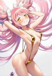 1girl ai_generated artist_logo ass ass_visible_from_the_front bikini blush blushing butt curvy curvy_figure female female_focus female_only flowing_hair goddess golden_bikini golden_swimsuit hair_ribbon hi_res long_hair madoka_kaname madoka_worship magic_user magical_girl mahou_shoujo_madoka_magica medium_breasts petite petite_body petite_female pink_hair puella_magi_madoka_magica ribbon ribbons side_view simple_background sling_bikini solo solo_female solo_focus twintails ultimate_madoka very_long_hair white_background white_ribbon yellow_eyes