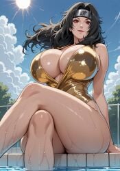 1girls ai_generated arms_at_sides ass_press ass_support bangs beach big_breasts bikini bikini_bottom bikini_top black_hair blue_sky bottom_heavy breasts breasts_bigger_than_head bursting_breasts busty cleavage clouds crossed_legs day female female_only front_view golden_swimsuit isaris-ai kurenai_yuhi lipstick long_hair makeup mature mature_female milf naruto naruto_(series) naruto_shippuden one-piece_swimsuit outdoors pinup pinup_pose pool poolside red_bikini red_eyes revealing_swimsuit shoulder_length_hair sitting smile solo solo_focus standing swimsuit thick_thighs thighs top_heavy top_heavy_breasts upper_body viewed_from_below voluptuous voluptuous_female water wet wet_body wet_skin yuuhi_kurenai