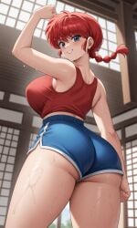 1girls ai_generated ass big_ass blue_eyes blue_shorts braid breasts clothed curvy curvy_female dojo female female_only fist from_behind from_below her_brother_drives_a_subaru huge_breasts indoors looking_back ranma-chan ranma_1/2 ranma_saotome red_hair red_tank_top self_upload shorts solo stable_diffusion sweating sweaty tank_top tight_shorts