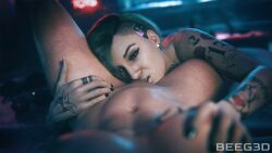 2girls beeg3d breast_grab breasts cd_projekt_red cunnilingus cyberpunk_2077 earrings green_hair judy_alvarez lesbian_kiss light-skinned_female nude nude_female oral oral_sex pov pov_eye_contact purple_hair tattoo tattoos v_(cyberpunk_2077) valerie_(cyberpunk_2077) yuri