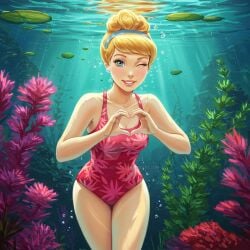2025 ai_generated blonde_eyebrows blonde_ponytail blue_earrings blue_eyes_female blue_hairband cinderella_(1950_film) cinderella_(disney) deviantart female_only flower_swimsuit heart_hands looking_at_viewer meta ocean_background pink_cheeks pink_lipstick pink_swimsuit short_hair smile_at_viewer smiling_at_viewer teeth_showing underwater_view unknown_artist walt_disney_animation_studios walt_disney_pictures winking_at_viewer