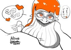 1boy 1girls artist_name atros_(misstta_neutral) breasts glasses glassess handjob heart-shaped_pupils inkling inkling_girl large_breasts long_hair looking_at_viewer nintendo orange_eyes orange_hair penis pointy_ears sleeveless splatoon tentacle_hair translation_request