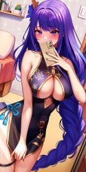 ai_generated big_ass big_breasts breasts genshin_impact girl purple_hair raiden_shogun sexy_clothing sexy_pose smartphone women