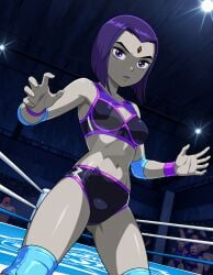 2025 ai_generated belly black_eyebrows cartoon_network challenging_to closed_mouth dc dc_comics dcau deviantart elryusam facing_viewer forehead_jewel grey_body grey_skin handwear jewel_on_forehead legwear looking_at_viewer meta mouth_closed purple_eyes_female purple_hair_female raven_(dc) raven_(dcamu) raven_(teen_titans) short_hair_female teen_titans tummy wrestling_boots wrestling_outfit wrestling_ring