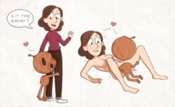 biting_lip brown_hair face_in_ass feet hilda_(series) johanna_(hilda) light-skinned_female light_skin missionary missionary_position monster mother pants shoes short_hair sideboob size_difference speech_bubble sweat sweater white_background woodman woodman_(hilda)