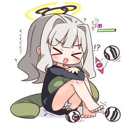 >_< :d ? barefoot black_shirt blue_archive blunt_bangs blush closed_eyes commentary_request female full_body grey_hair halo hana_kazari hare_(blue_archive) highres knees_up long_hair long_sleeves open_mouth panties shirt simple_background sitting smile solo translation_request underwear white_background white_panties xd yellow_halo