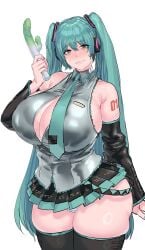 absurdres aqua_hair aqua_necktie bare_shoulders black_sleeves blue_eyes blush borrowed_hairstyle breasts cosplay detached_sleeves dildo female grey_shirt hair_ornament hatsune_miku hatsune_miku_(cosplay) headset highres holding holding_sex_toy large_breasts long_hair looking_at_viewer mashima_jirou mole mole_under_eye necktie open_mouth original pleated_skirt sex_toy shirt skirt sleeveless sleeveless_shirt smile solo thighhighs twintails very_long_hair vocaloid