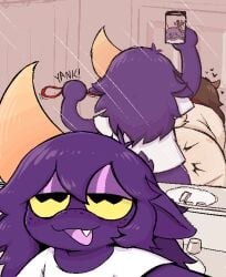 anthro ass bathroom big_horn bottomless bovid caprine cellphone clothed clothing collar colored curtains digital_drawing_(artwork) digital_media_(artwork) door duo electronics fangs faucet freckles goat hair horn looking_at_viewer male male/male mammal mirror mirror_reflection nahte_(zlut385) open_mouth phone photo purple_body reflection selfie sex sharp_teeth shirt shirt_only sink smartphone smile t-shirt tail tee_(t3rrorc0n) teeth tongue topwear topwear_only yank yellow_sclera zlut385