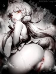 alice_thymefield animal_ears anus artist_name ass blur_censor braid censored character_name chinese_commentary commentary_request female from_behind greyscale highres kupa_(jesterwii) long_hair looking_back low_twintails monochrome open_mouth orange_eyes paid_reward_available pussy rabbit_ears rabbit_girl rabbit_tail revision solo spot_color tail teeth twintails upper_teeth_only zenless_zone_zero