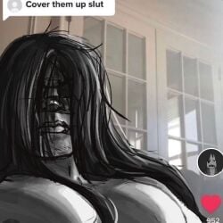 1boy 1male antagonist_(hatred) bara bara_tiddies bara_tits barazoku big_chest big_pecs cover_them_up_slut dr3ad_n0ught grey_skin hair_covering_eyes hatred_(game) huge_pecs long_hair long_hair_male looking_at_camera looking_at_viewer male meme meme_reference pecs tiktok