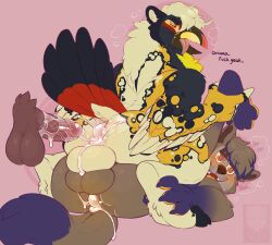 after_anal anthro anus avian backsack balls balls_touching beak bodily_fluids brown_body brown_fur bubble canid canine canis cum cum_bubble cum_drip cum_in_ass cum_inside cum_on_penis disembodied_penis dripping fur genital_fluids genitals group gryphon hi_res humanoid_genitalia humanoid_penis looking_at_viewer looking_back male male/male mammal mythological_avian mythological_creature mythology open_mouth penis pink_background purple_body purple_fur simple_background sinisterheaven sitting_on_another thick_thighs tongue tongue_out touching_face trio wolf yellow_body yellow_fur