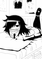 1girls ahoge ankles_tied bags_under_eyes black_hair blazer blush bondage bookshelf cleave_gag excited feet female gagged green_eyes hogtie kuroki_tomoko laying_on_bed legs_tied long_hair necktie no_shoes otaku pantyhose pervert posters room rope school_uniform skirt socks solo tied_up toes toes_tied watashi_ga_motenai_no_wa_dou_kangaetemo_omaera_ga_warui!
