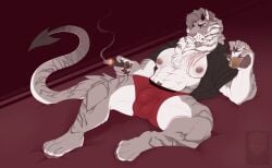 anthro balls balls_outline brown_body brown_fur bulge cigar clothed clothing container cup demon detailed_bulge drinking_glass felid fur genital_outline glass glass_container glass_cup holding_cigar holding_object holding_shot_glass horn lying male male_only mammal mature_anthro mature_male multicolored_body multicolored_fur muscular muscular_anthro muscular_male nipples on_back open_clothing open_shirt open_topwear pantherine pawpads paws pecs penis_outline red_background relaxing scar shirt shot_glass simple_background sinisterheaven solo spade_tail striped_body striped_fur stripes tail thick_thighs tiger topwear underwear white_body white_fur