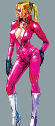 blonde_hair breasts catsuit choker cleavage female gloves high_heel_boots latex_outfit nina_williams official_art pink-tinted_eyewear ponytail solo sunglasses tekken tekken_4 tinted_eyewear video_games white_boots zipper