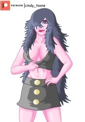 black_hair breasts cleavage female hair_over_one_eye large_breasts lipstick long_hair makeup messy_hair midriff navel skirt solo