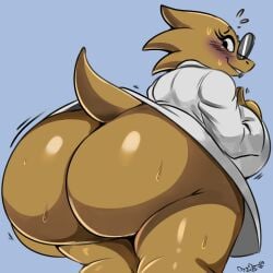 alphys anthro_on_anthro ass ass_bigger_than_head ass_focus big_ass bottomless_labcoat color color_edit colored colored_sketch colorshun deltarune digitaldomain123 glasses naked_labcoat nerd nerdy_female undertale