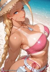 ai_generated alternate_version_at_source arched_back armpit beach bikini bikini_bottom bikini_top blue_eyes breasts cammy_white female happy hat hypet long_hair looking_at_viewer medium_breasts muscular_female pink_bikini shiny shiny_skin sideboob street_fighter street_fighter_6 summer tagme tanned tanned_body tanned_female tanned_skin thick_legs thick_thighs thighs white_hair