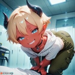 2males ai_generated anime balls big_dick big_penis black_horns blonde_hair blue_eyes choker crop_top demon demon_boy demon_horns exhibitionism fat_ass femboy gay genitals highres hips hips_wider_than_shoulders hoodie horn horns horny horny_male imminent_sex looking_at_viewer lying male male_only male_pov massive_penis oc original_character pants_down partially_clothed penis pose posing pov red_skin roof rooftop seductive seductive_look seductive_smile short_hair slim_waist smile smug trap uncensored userzon waist yaoi