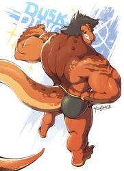 anthro ass black_hair brown_skin claws clothing dinosaur furgonomics grin hair huge_muscles long_tail male male_only muscular muscular_male pose rear_view reptile scalie sharp_teeth smile solo teeth tigerlukke toe_claws underwear