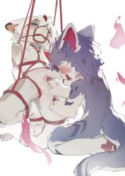 ambiguous_gender anal anal_fingering anthro arm_markings arm_tuft blush blush_stickers bodily_fluids bondage bound dipstick_ears duo ear_markings ears_down elbow_tuft fingering genitals gloves_(marking) green_eyes hi_res horn leg_markings looking_at_another looking_at_partner male male/ambiguous markings moyansalt multicolored_ears narrowed_eyebrows narrowed_eyes open_mouth penis penis_poking_out pivoted_ears purple_body red_horn red_inner_ear red_penis restraints rope rope_bondage saliva saliva_string slit_fingering suspension tan_body tapering_penis tuft white_body