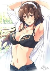 1girls adult adult_female arm_above_head arm_up armpit armpit_crease armpit_peek armpits arms_above_head arms_up ashigara_(kantai_collection) bare_armpits bare_belly bare_chest bare_midriff bare_navel bare_shoulders bare_skin bare_torso belly belly_button big_breasts black_bra black_underwear bra breasts brown_eyebrows brown_eyes brown_eyes_female brown_hair brown_hair_female busty busty_female busty_girl collarbone day daylight daytime digital digital_art digital_drawing digital_drawing_(artwork) digital_media digital_media_(artwork) elbows exposed_armpits exposed_belly exposed_chest exposed_midriff exposed_navel exposed_shoulders exposed_skin exposed_torso eyebrows_visible_through_hair female female_focus female_only hair_between_eyes hairband hairless_armpits hand_above_head hand_up hands_above_head hands_up high_resolution highres jeans kanden_sky kantai_collection lace_bra lace_underwear large_boobs large_breasts lean_figure linea_alba long_hair looking_at_viewer mature mature_female midriff naked_shirt narrow_waist navel open_clothes open_clothing open_mouth open_mouth_smile open_shirt open_topwear parted_lips plump_breasts posing posing_for_the_viewer ribs shaved_armpits shirt shoulders slender_body slender_waist slim_waist smile smiley_face smiling smiling_at_viewer solo standing stomach tongue unbuttoned unbuttoned_shirt underwear upper_body white_hairband white_shirt white_topwear