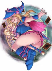 ass big_butt blonde_hair blush boots butt butt_crack cape cards dark_magician_girl green_eyes long_hair panties pinup staff tabletorgy tagme thick_thighs witch witch_hat yu-gi-oh!