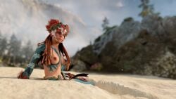 aloy breasts_out distracted green_eyes guerilla_games horizon_forbidden_west red_hair tribal