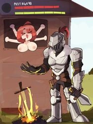 >_< 1boy 1girls ahoge antenna_hair armor blush bonfire breast_rest breastplate breasts bust chibi clothed_male_nude_female cow_girl_(goblin_slayer) crested_helmet dark_souls female fire full_armor funny gameplay_mechanics gauntlets gesture goblin_slayer goblin_slayer_(goblin_slayer) happy health_bar helmet highres humor knight large_breasts male medium_hair nude open_mouth outdoors parody pauldrons planted_sword planted_weapon plate_armor postblue98 red_hair short_hair smile sword unseen_male_face vambraces warrior waving_arms weapon window