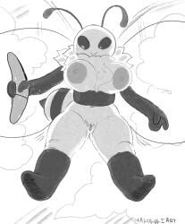 2023 absurd_res antennae_(anatomy) anthro areola arthropod arthropod_abdomen bee big_areola big_breasts biped black_antennae black_body black_eyes boomerang breasts bug_fables cloud digital_drawing_(artwork) digital_media_(artwork) empty_eyes featureless_feet feet female fingers flying fur genitals greyscale haloluli hi_res huge_areola hymenopteran insect_wings insects large_wings leg_markings markings monochrome moonsprout_games multicolored_body navel neck_tuft nipples pubes pussy_tuft shaded smile socks_(marking) solo stinger tuft two_tone_body vi_(bug_fables) vulva wings