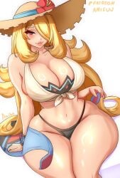 anisdrawn bare_shoulders bikini black_bikini blonde_hair blush breasts cleavage cowboy_shot cynthia_(pokemon) grey_eyes hair_over_one_eye hat highres large_breasts lips long_hair looking_at_viewer navel nintendo official_alternate_costume pokemon pokemon_dppt pokemon_masters_ex sarong shiny_skin simple_background sitting smile straw_hat sun_hat swimsuit unworn_sarong white_background wide_hips