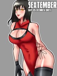 1girls black_hair chainsaw_man chinese_clothes chinese_dress demon demon_girl devil devil_girl female heroine light-skinned_female light_skin mitaka_asa qipao radiant_artist red_dress red_lipstick ringed_eyes scar scar_on_face spiral_eyes yoru_(chainsaw_man)