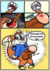 absurd_res alcohol anthro balls beer beverage big_penis blue_eyes bottomless breaking_the_fourth_wall clothed clothing coat comic conker conker's_bad_fur_day dialogue drugs english_text footwear fur genital_growth genitals gloves grin growth handwear hi_res huge_cock hyper hyper_genitalia hyper_penis kaokaoarts male mammal oddkao partially_clothed partially_clothed_anthro partially_clothed_male penis penis_growth pills rareware red_body red_fur red_squirrel_(arsemaus) rodent sciurid shoes smile smiling_at_viewer solo speech_bubble teeth text throbbing throbbing_penis topwear tree_squirrel viagra