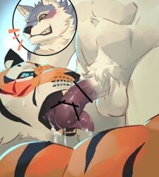 abs anthro ass balls black_nose blue_body blue_eyes blue_fur blush bodily_fluids canid canine canis censor_bar cheek_tuft cum duo facial_tuft felid fellatio fur genital_fluids genitals hair hi_res hug hugging_another hugging_butt humanoid_genitalia humanoid_penis licking male male/male mammal nagewa00 navel neck_tuft nude open_mouth oral orange_body orange_eyes orange_fur pantherine penile penis penis_lick precum pubes saliva sex simple_background smile smirk sweat teeth tiger tongue triceps tuft white_body white_fur wolf