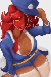 blue_dress brown_skin cream gingerbread_cookie officer_hat officer_uniform red_face red_hair rule_63 sitting unbuttoned white_stockings yellow_eyes youtuber