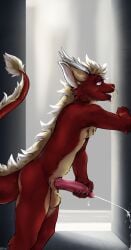 absurd_res anthro arcanewolfdragon asian_mythology ass balls blonde_hair bodily_fluids body_hair chest_fur chest_hair chest_tuft cum cum_drip cumshot digital_drawing_(artwork) digital_media_(artwork) digitigrade dragon dripping east_asian_mythology eastern_dragon ejaculation erection fingers fluffy fluffy_ears fluffy_hair fluffy_neck_fur fluffy_tail fur genital_fluids genitals hair hand_on_penis hi_res horn leaning_on_wall looking_pleasured male mammal masturbation multicolored_body multicolored_fur mythological_creature mythological_scalie mythology neck_tuft nude penis purple_eyes red_body red_fur red_hair scalie simple_background solo tail tail_tuft tongue tongue_out tuft vein veiny_penis vitamin_c_(forwardpickup) whiskers yellow_body yellow_fur