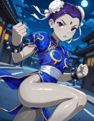 2025 ai_generated angry_at_viewer black_eyebrows blue_panties capcom cartoon_network chun-li chun-li_(cosplay) city_background dc dc_comics dcamu dcau deviantart elryusam facing_viewer forehead_jewel grey_body grey_skin jewel_on_forehead looking_at_viewer meta metal_handcuffs panties_visible_through_clothes panties_visible_through_clothing purple_eyes_female purple_hair_female raven_(dc) raven_(dcamu) raven_(dcau) raven_(teen_titans) street_fighter teen_titans teeth_showing white_earrings white_hair_stripe