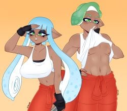 1boy 1girls artist_name black_bra blue_hair bra breasts female green_eyes green_hair inkling inkling_boy inkling_girl kitsunearts large_breasts long_hair looking_at_viewer male mechanic_(splatoon_raiders)_(cosplay) navel nintendo orange_pants pants pointy_ears sage_(splashv) short_hair simple_background skylar_(splashv) splatoon splatoon_raiders sweat sweater_around_waist tank_top tentacle_hair white_tank_top yellow_background