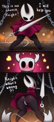 2025 arthropod ass chains comic digital_drawing_(artwork) digital_media_(artwork) duo english_text female gem heart_reaction heart_symbol hi_res holding_melee_weapon holding_object holding_weapon hollow_knight hornet_(hollow_knight) insects looking_at_another looking_at_viewer looking_back low-angle_view male melee_weapon multiple_scenes pearl_(gem) sword talking_to_viewer team_cherry text the_knight_(hollow_knight) weapon zelles