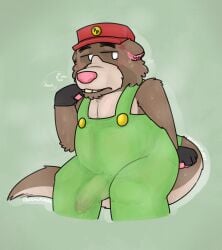 1boy absurd_res anthro anthro_male anthro_only black_fingerless_gloves black_gloves brown_body brown_fur bulge bulge_through_clothing cap cheek_tuft clothed clothes clothing digital_drawing_(artwork) digital_media_(artwork) domestic_ferret ears_down erect_penis erection erection_under_clothes eyebrows farmer farmer_felix_(pwp) felixmcfurry ferret fingerless_gloves first_porn_of_character five_nights_at_freddy's fnaf fnaf_fangame fully_clothed fur fur_tuft furry furry_male furry_only gloves green_background green_clothes green_clothing green_overalls hat hi_res male male_anthro male_only mustelid musteline no-human no_human no_humans only_furry only_male overalls pecs penis_outline penis_shaped_bulge penis_under_clothes pink_fingers pink_inner_ear pink_nose plain_background playtime_with_percy png red_hat shaded shading simple_background sitting sitting_down slightly_chubby slightly_chubby_anthro slightly_chubby_male solo solo_anthro solo_furry solo_male sweat sweatdrop sweating sweating_male sweaty tail tired tired_expression two_tone_body two_tone_fur white_eyes white_eyes_male