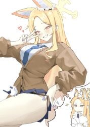 aged_up animal_ears big_breasts bird black_panties blonde_hair blue_archive blush halo highres lingerie_panties long_ears long_hair long_nails nails seia_(blue_archive) swamp_dolphinnn very_long_hair