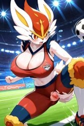 1girls ai_generated balls cinderace football furry gavver_x highres pokemon pokemon_(species) pussy rabbit spread_legs spread_pussy torn_clothes