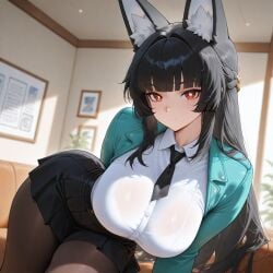 ai_generated big_breasts bigbizarts black_hair fox fox_ears fox_girl hoshimi_miyabi jacket long_hair looking_at_viewer open_jacket pantyhose red_eyes skirt white_shirt zenless_zone_zero