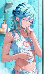 1boy ai_generated blue_nails bra bulge calm cat_cutout femboy grusha_(pokemon) male nails_painted otoko_no_ko panties penis pokemon shower shower_room showering soap_bubbles thighs water