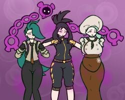 3girls bbw clothed dendra_(pokemon) diddlesdoodles female group hairy_pussy hypnosis hypnotic_eyes hypnotized_eyes katy_(pokemon) mind_control pecharunt petite pokemon pokemon_sv pussy rika_(pokemon)