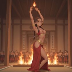 ai_generated avatar_the_last_airbender braided_ponytail breasts breasts_out brown-skinned_female crowd crowd_watching dancing dark-skinned_female dark_nipples dark_skin female female_focus female_only fire hair_loopies harem harem_outfit katara loincloth medium_breasts pelvic_curtain puffyart slave_girl solo solo_female solo_focus tied_hair